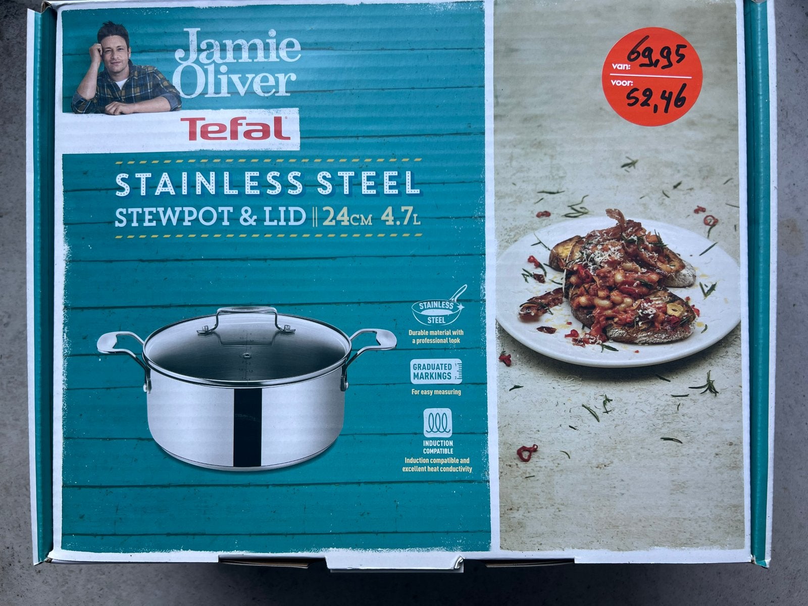 Tefal Jamie Oliver RVS Kookpan 24cm 4.7L met deksel, Tefal, Met deksel, Nieuw, Ophalen of Verzenden