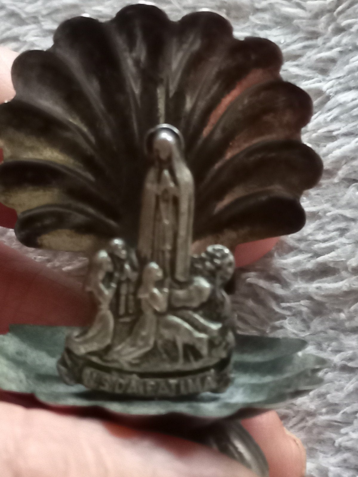 Antieke Jakobsschelp met Onze Lieve Vrouw van Fátima, Antiek en Kunst, Ophalen of Verzenden