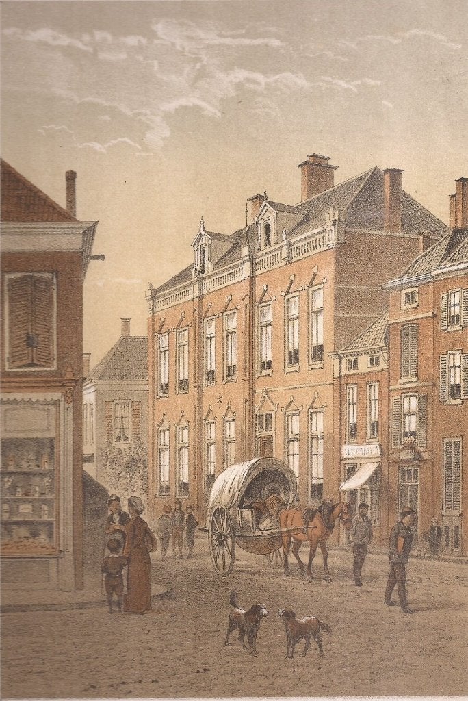 Arnhem Het Gymnasium bij het Land-van-de Markt ca. 1880 Lith, 1800 - 1899, Stadsgezicht, Ophalen of Verzenden, Blanco verso