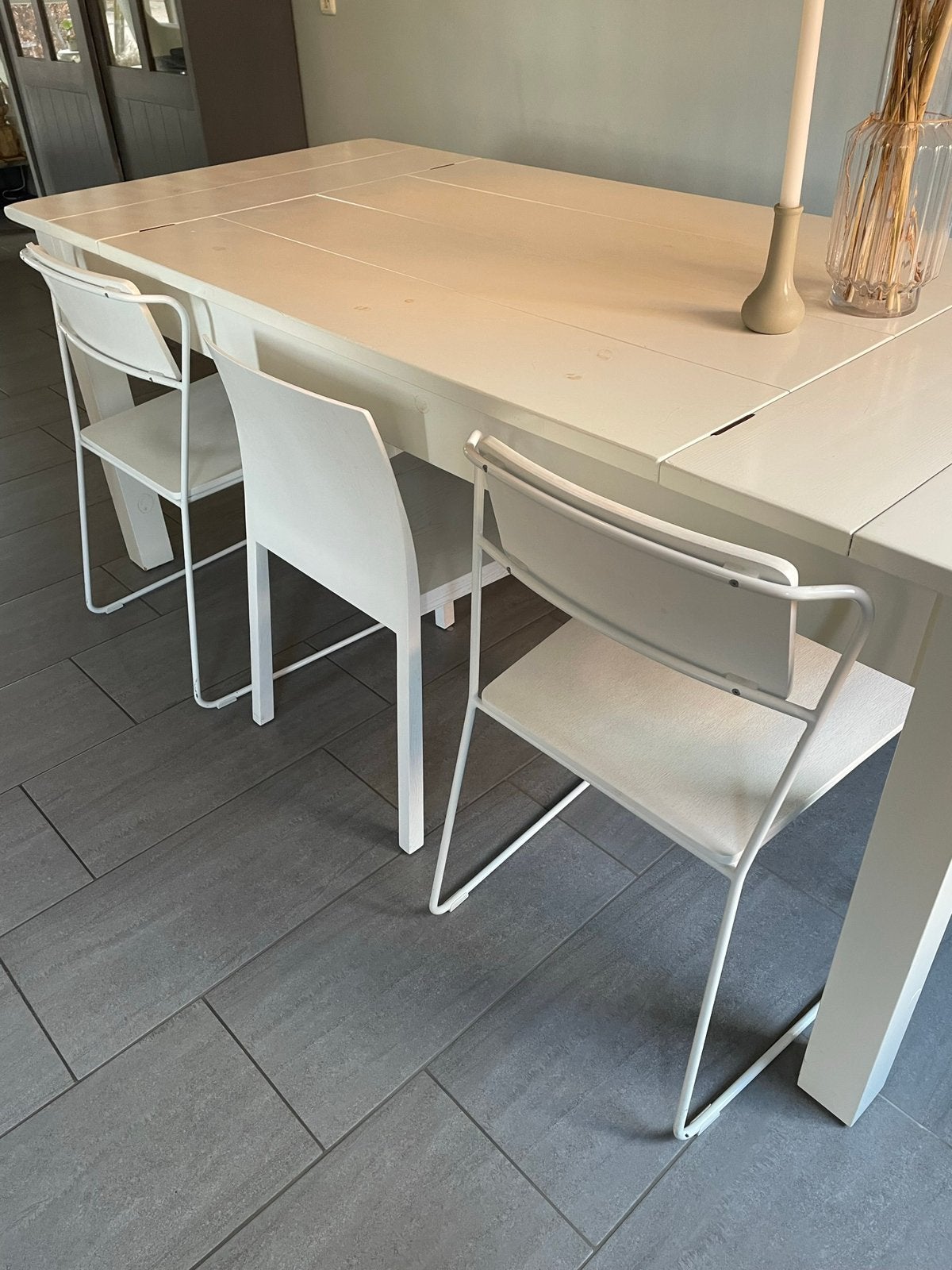 Mooie Timzowood Jutters Eettafel, zitbank + 3 stoelen, Ophalen, Gebruikt, 200 cm of meer, 50 tot 100 cm