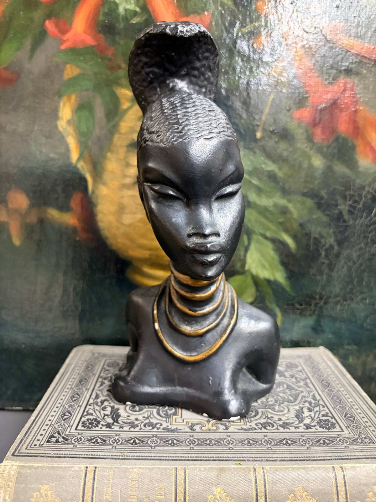 Vintage Afrikaanse buste van een vrouw, zwart met goud, Ophalen of Verzenden