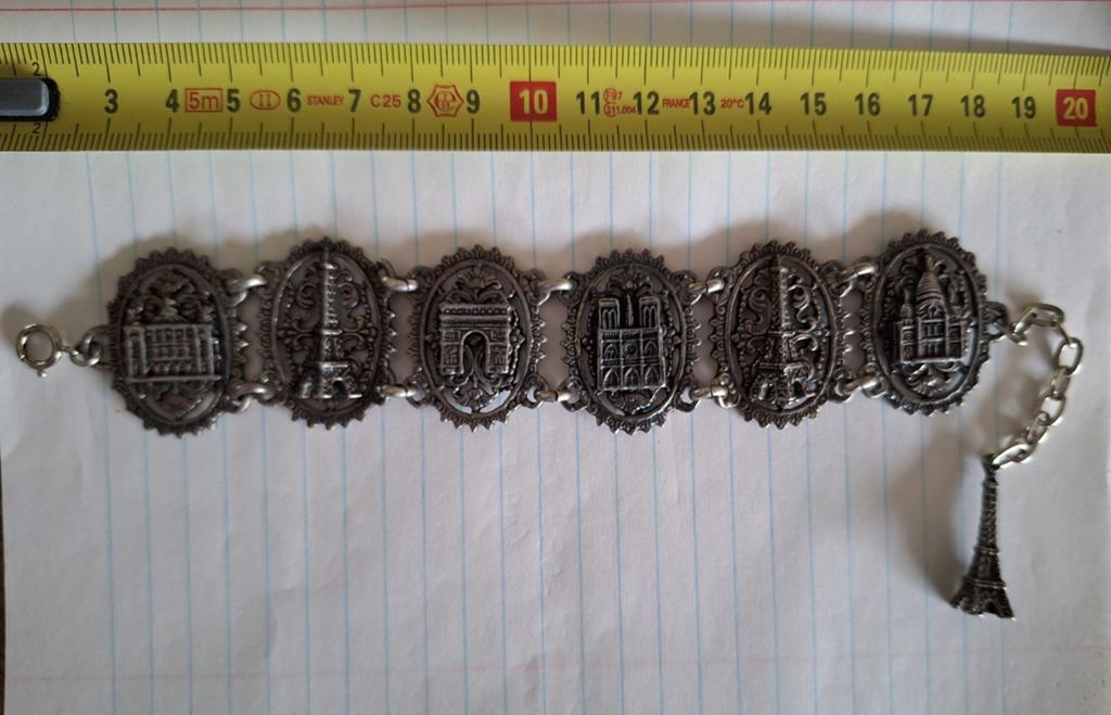 Vintage Armband Parijs met Eiffeltoren bedel, Ophalen of Verzenden, Zilver, Overige materialen, Met bedels of kralen