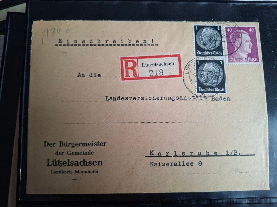 Mengfrankering Hitler Hindenburg op aangetekende brief, Ophalen of Verzenden, Overige periodes, Gestempeld