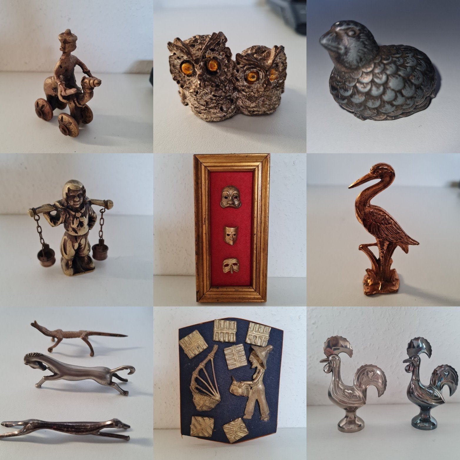 9 Antieke/Vintage Koper & Brons Legering Beeldjes Collectie, Ophalen of Verzenden, Koper