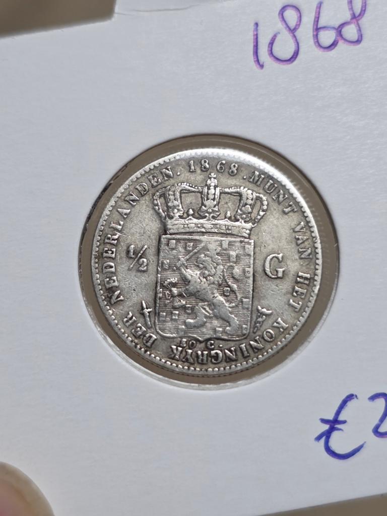 Halve gulden 1868 Nederland, ½ gulden, Koning Willem III, Verzenden, Zilver