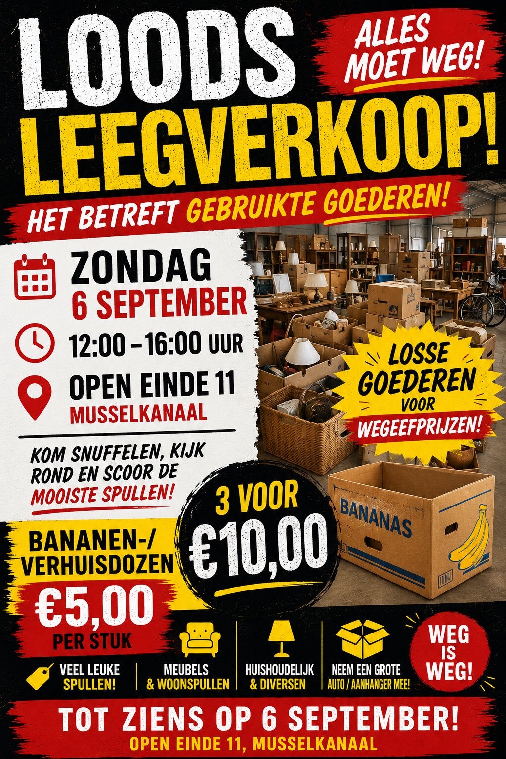 LOODS LEEGVERKOOP – ZONDAG 6 SEPTEMBER – ALLES MOET WEG, Diversen, Rommelmarktspullen, Ophalen, Gebruikt