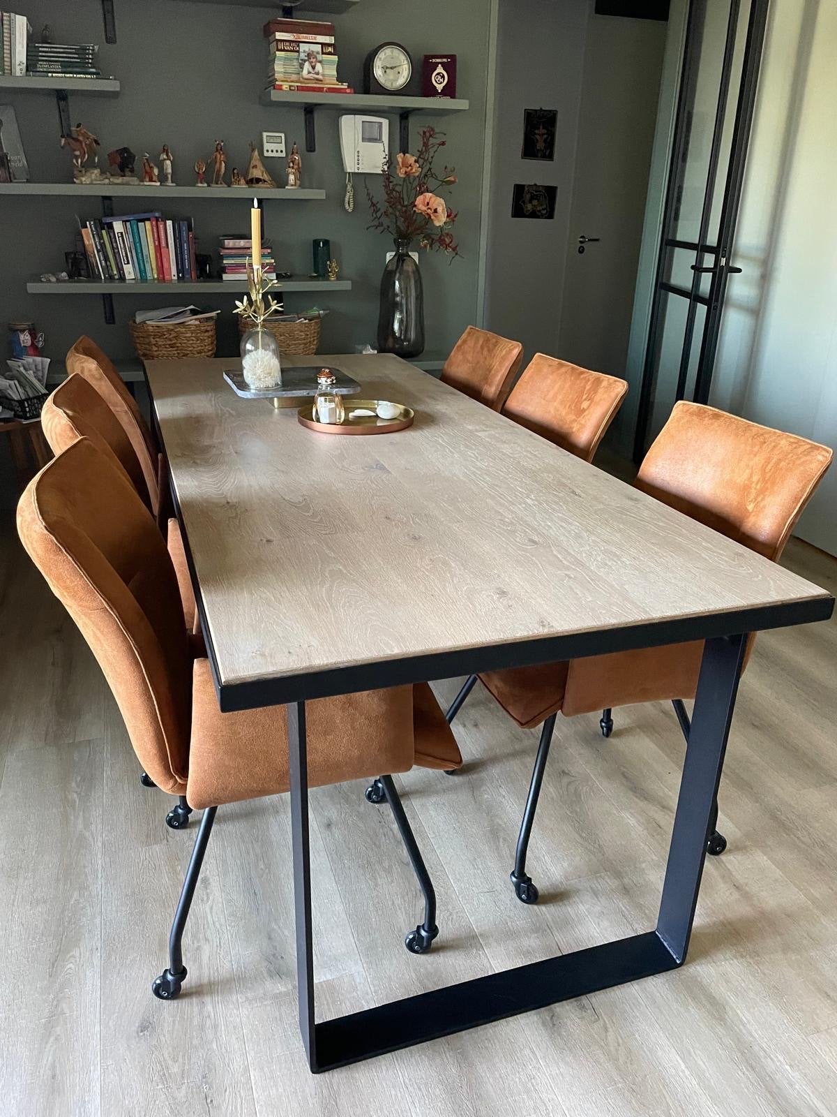 Massief eiken eettafel 220cm met stalen onderstel 6 personen, Huis en Inrichting, Tafels | Eettafels, Ophalen, Eikenhout, 200 cm of meer
