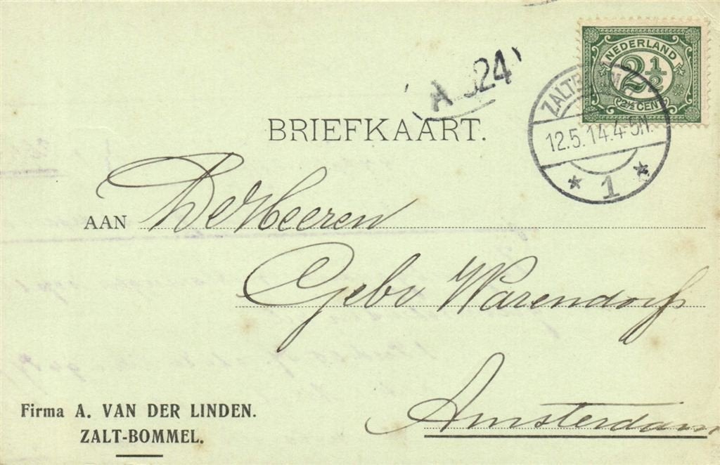 Firma A. van der Linden. Zalt-Bommel. - 05.1914 - briefkaart, Postzegels en Munten, Brieven en Enveloppen | Nederland, Ophalen of Verzenden