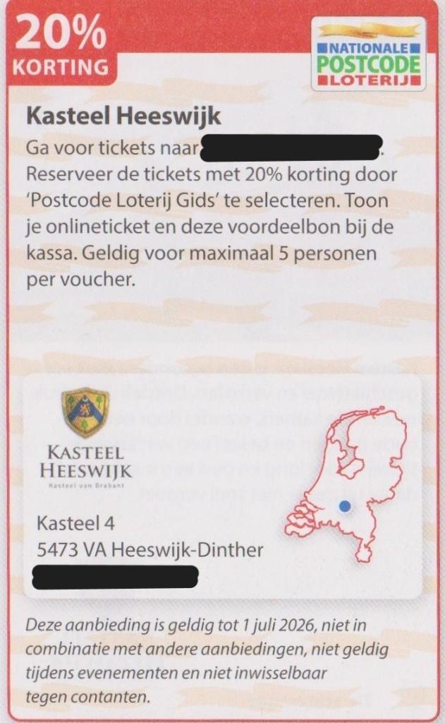 Kasteel Heeswijk. 20% korting. Postcodeloterij voordeelbon., Drie personen of meer, Kortingskaart