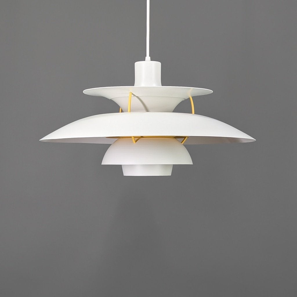 Louis Poulsen PH 5 vintage hanglamp – grijs/geel – Ø50 cm, Huis en Inrichting, Scandinavisch, Zo goed als nieuw, Metaal, E27 (groot)