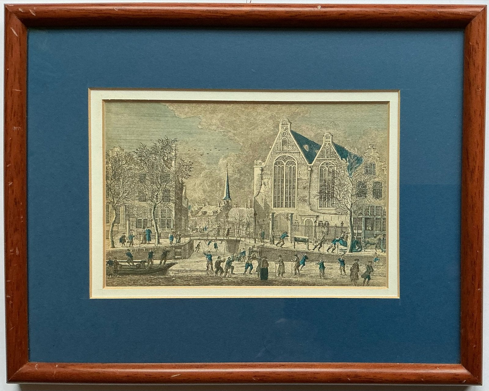 Antieke Gravure - Wintergezicht Amsterdam, Antiek en Kunst, Handgekleurd, 1800 - 1899, Stadsgezicht, Ophalen of Verzenden