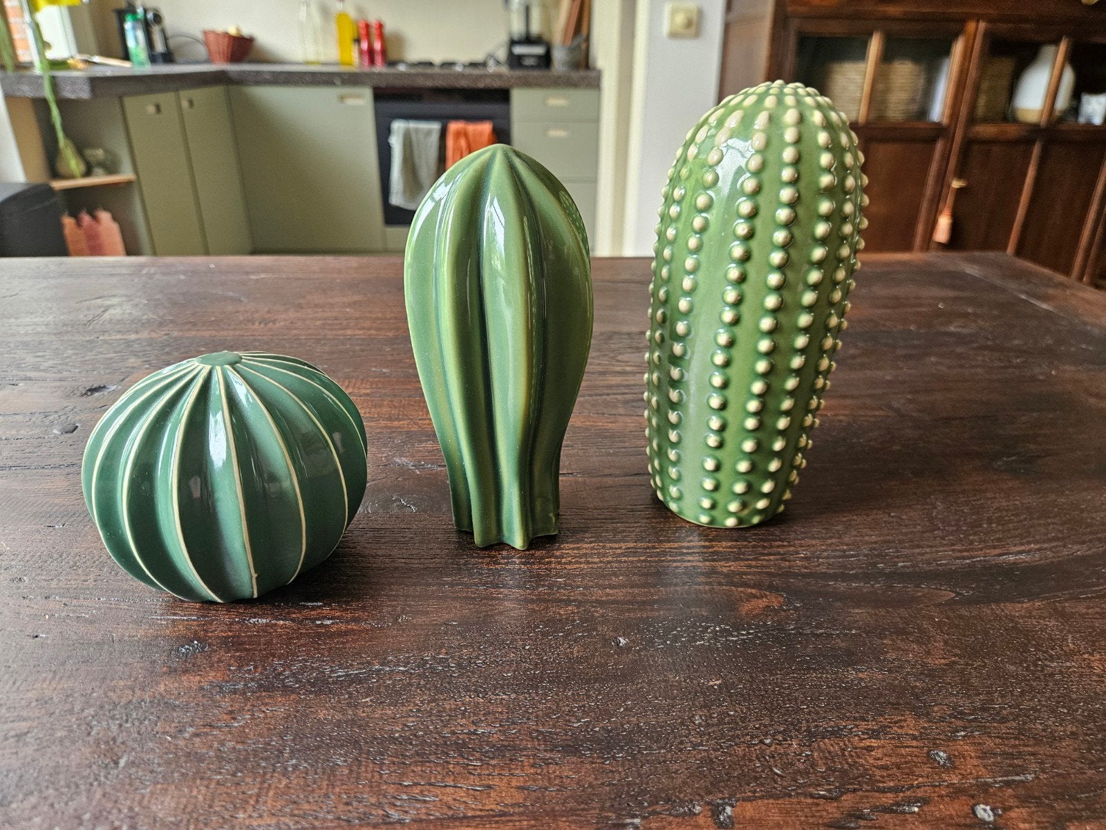 Set van 3 decoratieve cactusbeeldjes, Ophalen of Verzenden, Zo goed als nieuw, Groen, Steen/keramiek