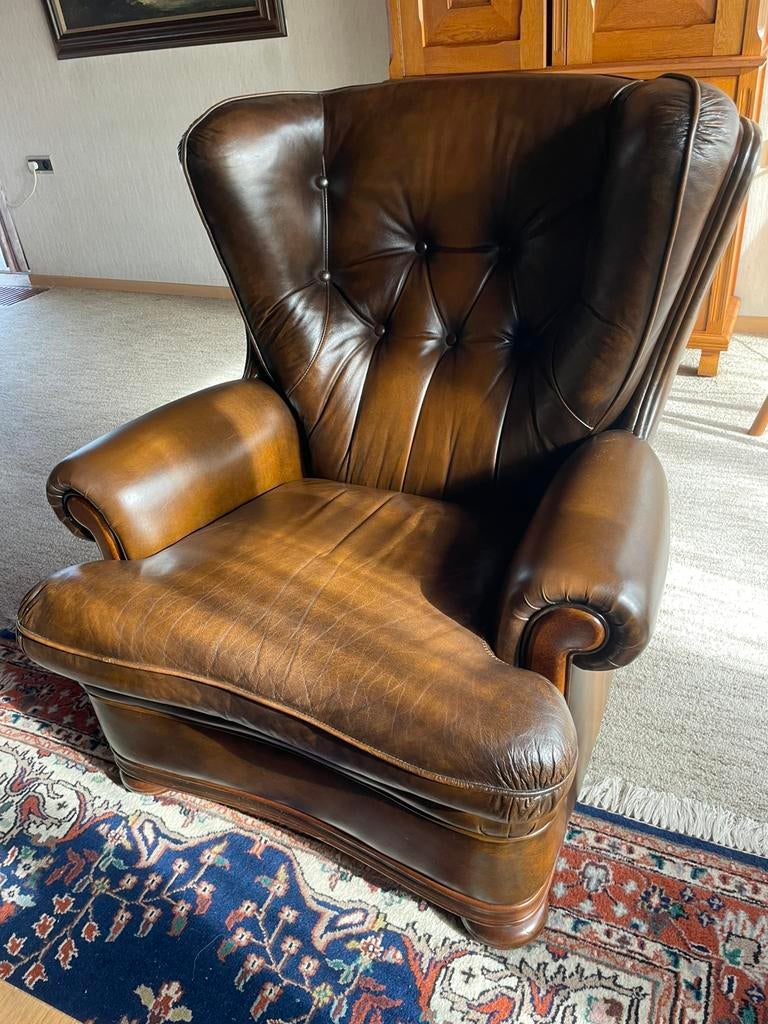 Bruin leren fauteuil, Ophalen, Minder dan 75 cm, Leer, Zo goed als nieuw