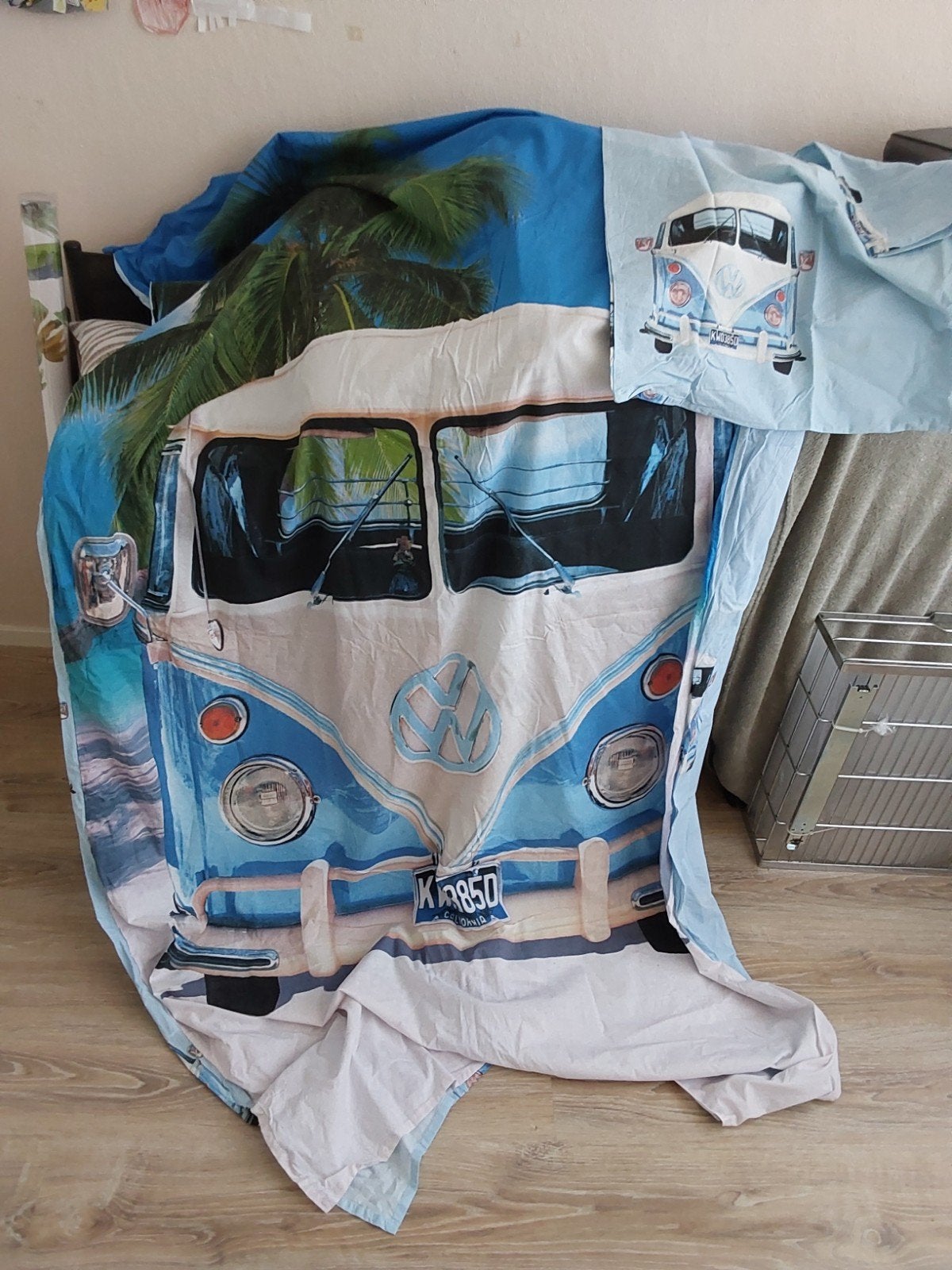 Nieuw eenpersoons dekbedovertrek met VW bus print, Ophalen, Eenpersoons, Blauw, Dekbedovertrek
