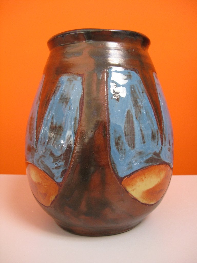 vintage handgemaakte bloempot / vaas Henk Potters gesigneerd, Zo goed als nieuw, Met patroon/structuur, Steen/keramiek, 18 cm