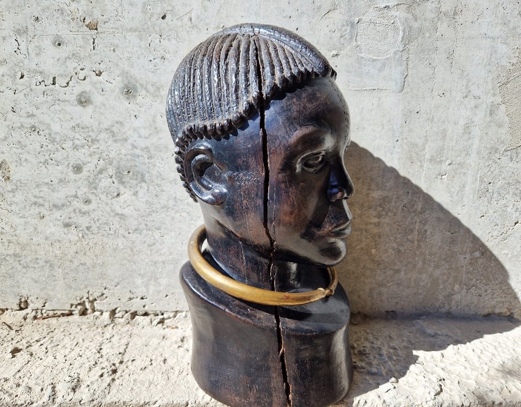 Vintage Tribal Art Buste Afrika, Buste, Handgemaakt, Zwart, Hout