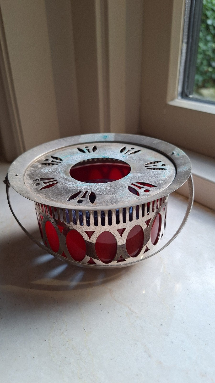 theelichtje Art Deco-periode met rode glazen inzet, Ophalen