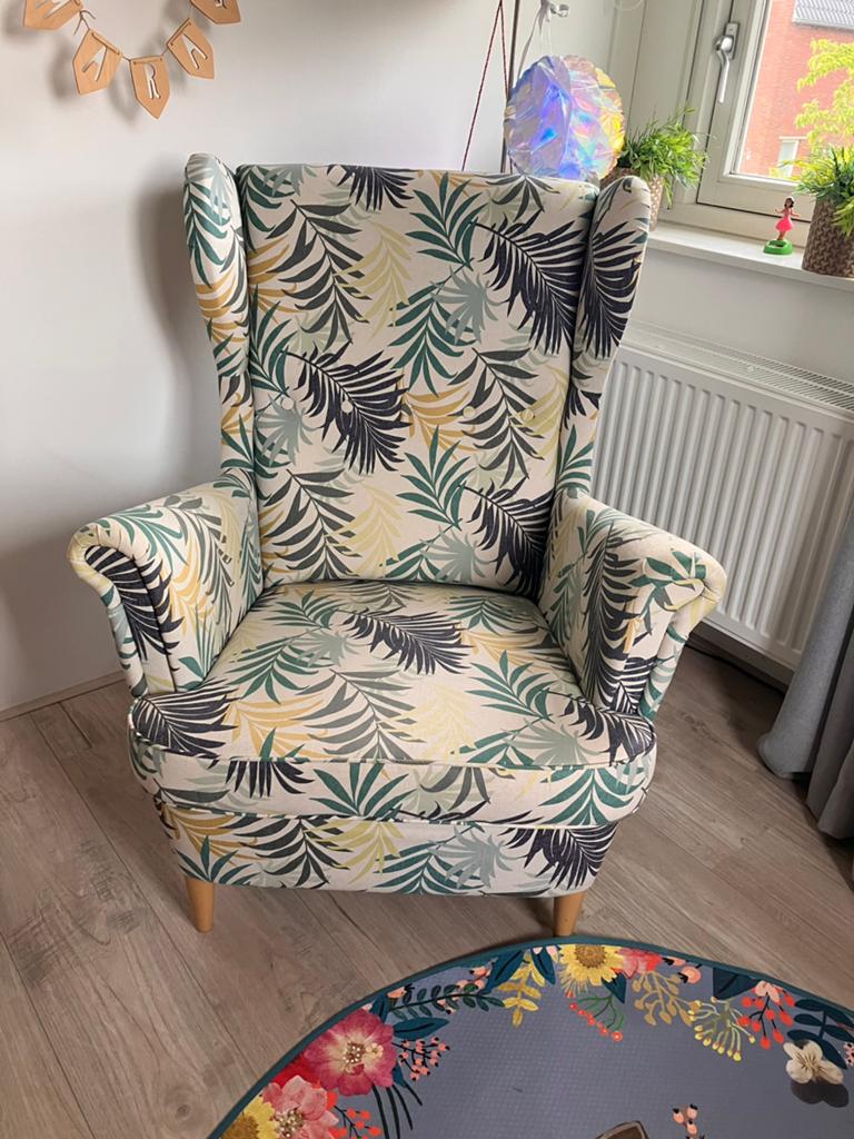 Ikea Strandmon stoel met leuke print, Ophalen, 75 tot 100 cm, Zo goed als nieuw, Stof
