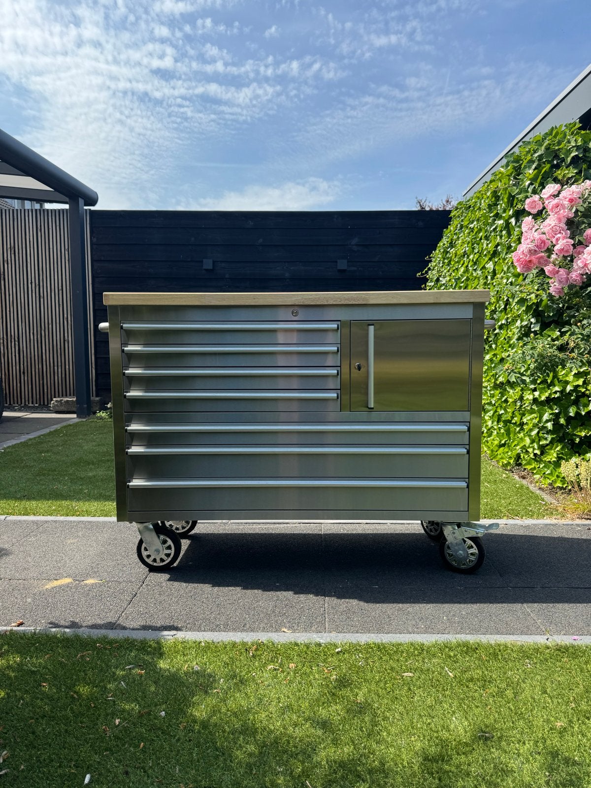 HBM Gereedschapswagen RVS met Houten Werkblad 122 cm, Ophalen, Zo goed als nieuw