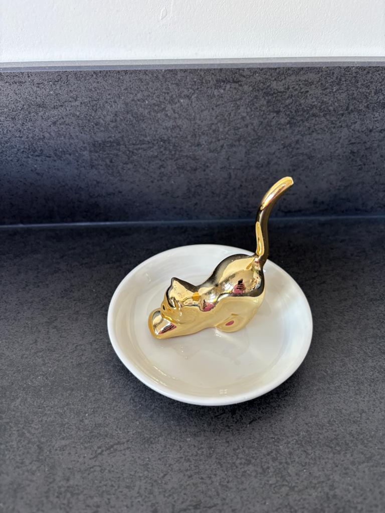 Wit sieraden schaaltje en ringhouder met gouden kat NIEUW, Ophalen of Verzenden, Nieuw