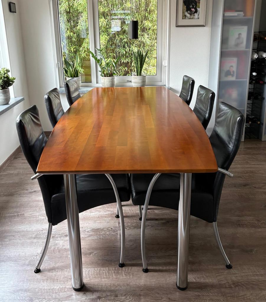 Eethoek: Kersenhouten Tafel met 6 Zwarte Leren Stoelen, Ophalen, Gebruikt, 4 tot 6 stoelen