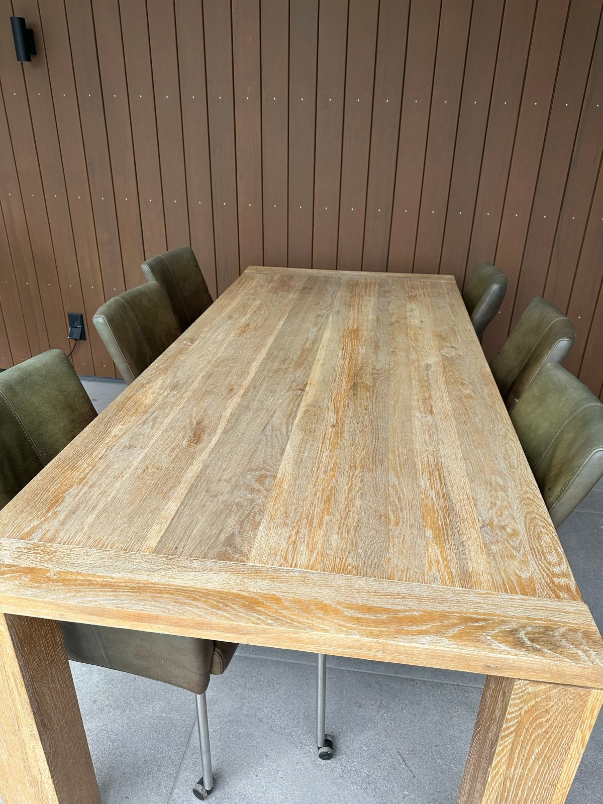 Eettafel van eikenhout 220  100cm, 78cm hoog, met 6 stoelen, Ophalen, Gebruikt, 100 tot 150 cm, Eikenhout