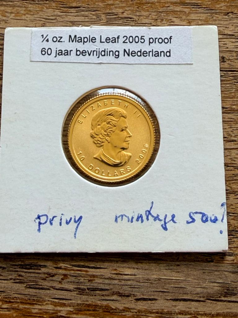 1/4 oz Gouden Maple Leaf Proof 2005 "60 Jaar Bevrijding", Ophalen of Verzenden, Noord-Amerika, Losse munt, Goud