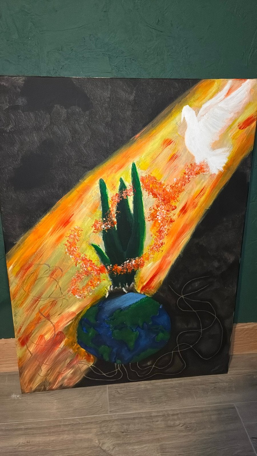 Uniek schilderij: Aarde, plant en duif in lichtstraal, Acrylverf, Gedateerd, Doek, Expressionistisch