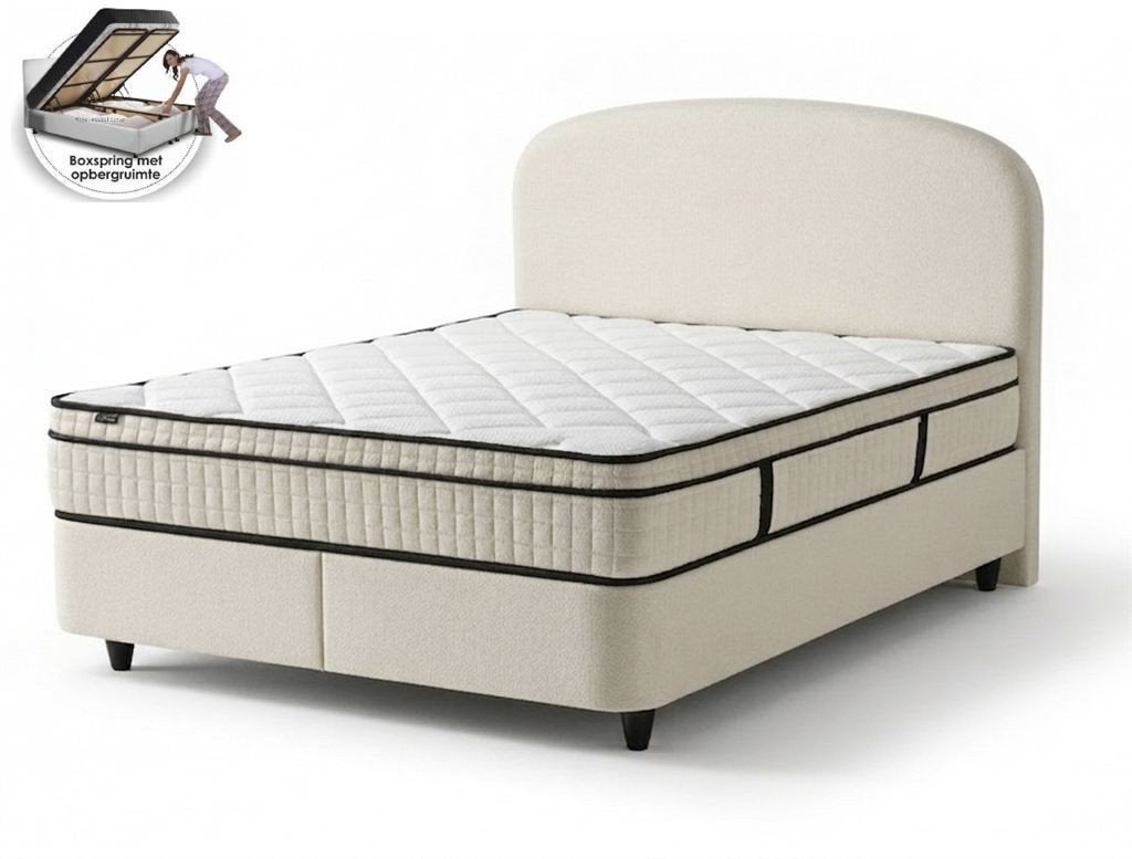 Boxspring Alice met Opbergruimte - Bouclé Crème - Incl. Matr, Huis en Inrichting, Ophalen, Nieuw, Tweepersoons, Crème