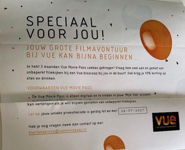 Vue Movie Pass 3 maanden alle films kijken, Twee personen, Cadeaubon
