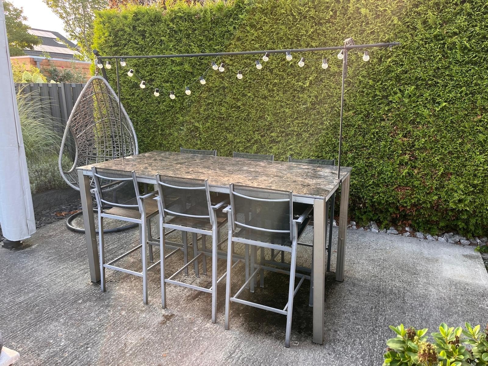 Hoge tuintafel met 6 barkrukken, Tuin en Terras, Ophalen, Gebruikt, Rechthoekig, Rvs