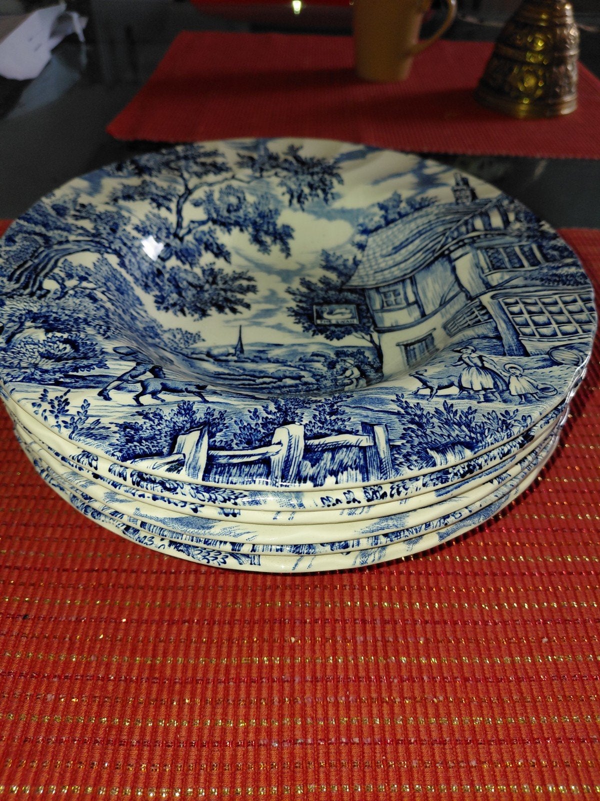 6 Diepe Borden Myott 'The Hunter' 22cm - Blauw/Wit, Gebruikt, Overige merken, Keramiek, Vintage