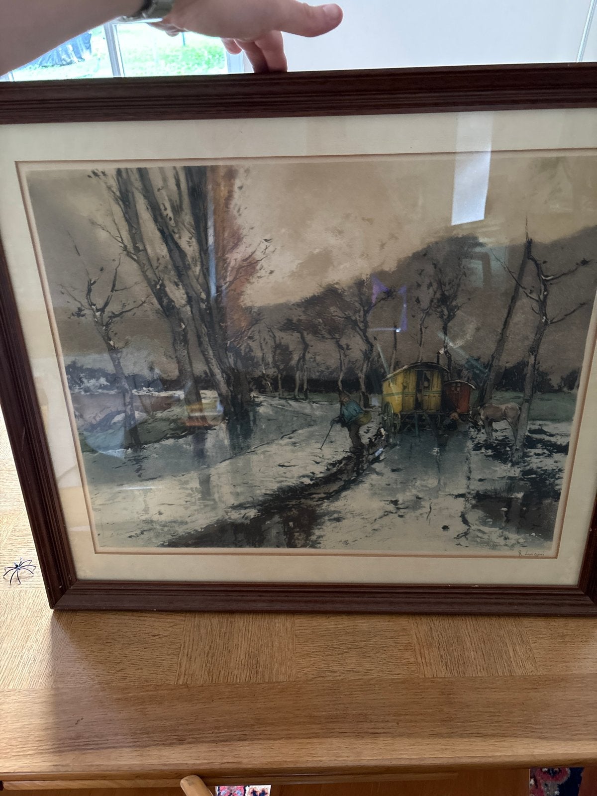 Sfeervol Landschap met Woonwagen - Gesigneerd R. Lingini, Achter glas, Realistisch, Ophalen of Verzenden, Landschap