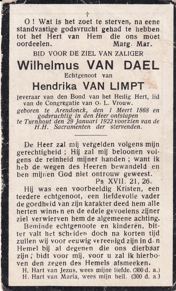 Dael Wilhelmus 1868 Arendonck  1922 Turnhout, Ophalen of Verzenden, Bidprentje