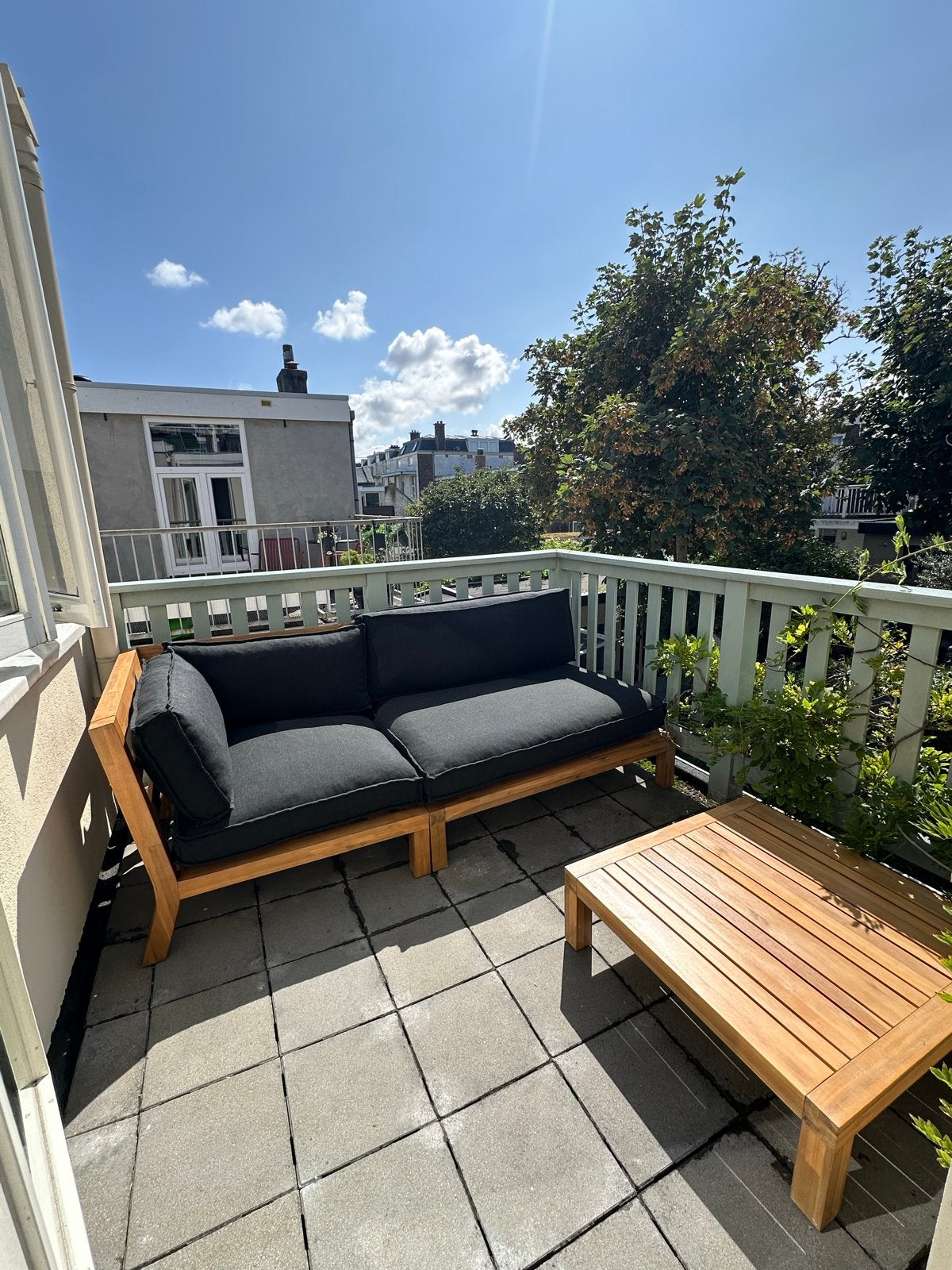 Houten loungeset met tafel en kussens, Gebruikt, Loungeset, Bank, Hout
