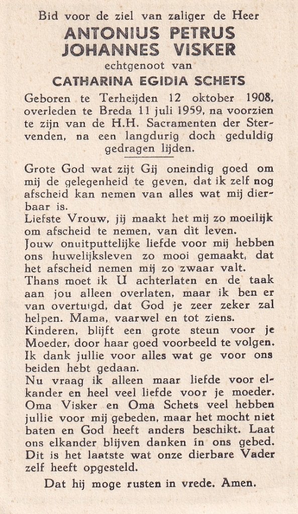 Visker Antonius 1908 Terheijden 1959 Breda, Ophalen of Verzenden, Bidprentje