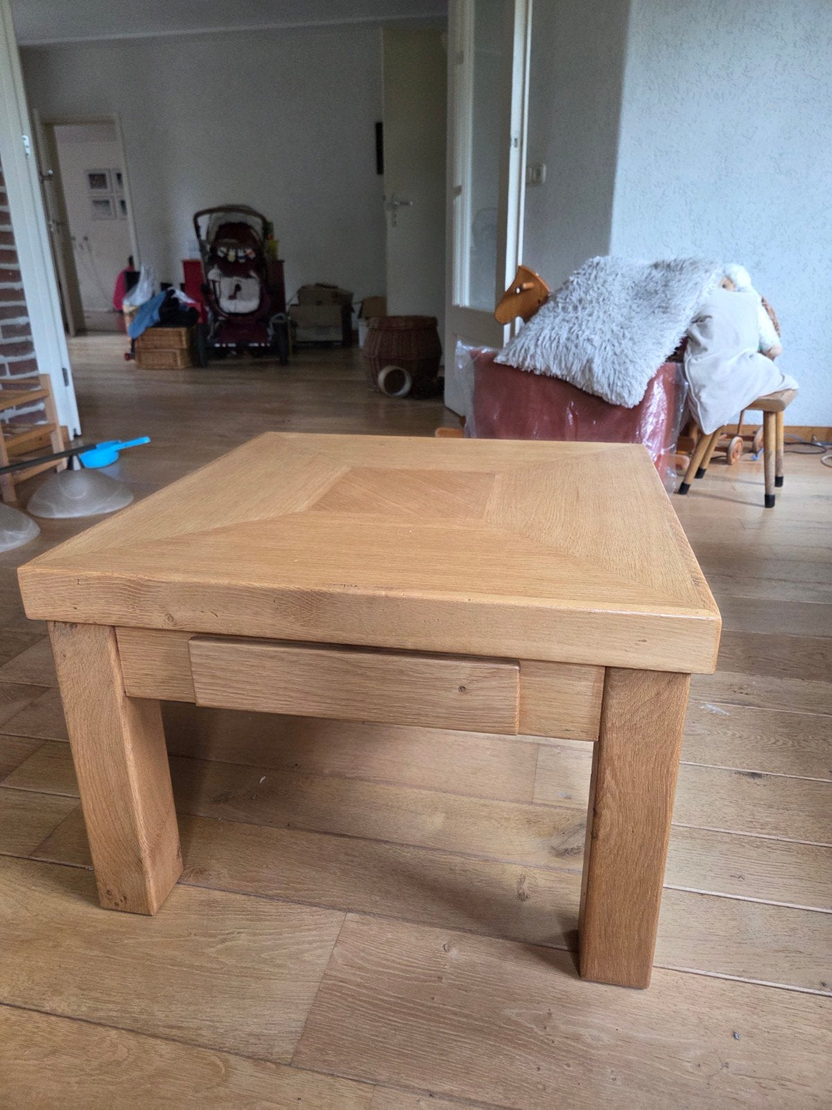 Massief eiken salontafel met lade, Huis en Inrichting, Ophalen, Gebruikt, 100 tot 150 cm, Eikenhout