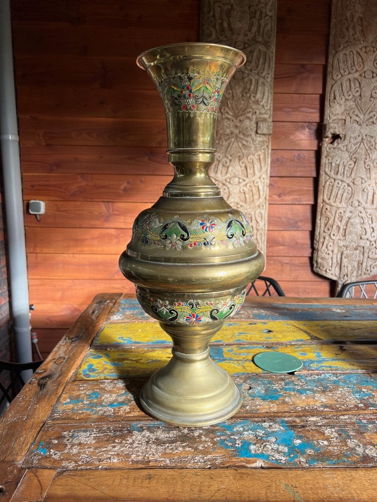Indiase bronzen vaas handbeschilderd vintage India brons xxl, Ophalen of Verzenden