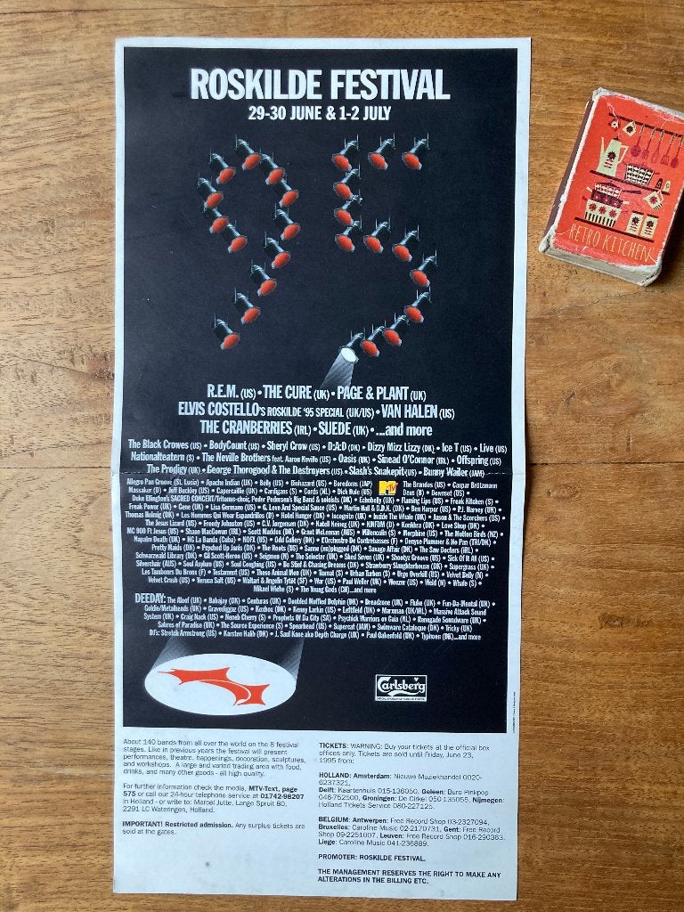 Roskilde 1995 alternatief popfestival flyer affiche poster, Rechthoekig Staand, A4 of kleiner, Ophalen of Verzenden, Zo goed als nieuw