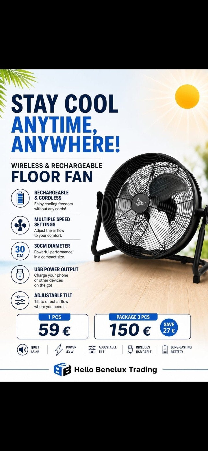 Draadloze en oplaadbare vloerventilator - 30cm diameter, Ophalen of Verzenden