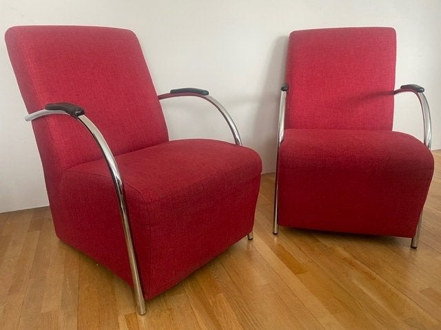 Te koop 2 rode Fauteuils Woood, Ophalen, Gebruikt, 75 tot 100 cm, Woood, look-a-like Leolux Scylla