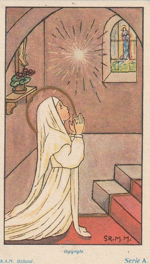 Vintage prentje: Biddende non met aureool, Ophalen of Verzenden, Gebruikt, Kaart of Prent, Christendom | Katholiek