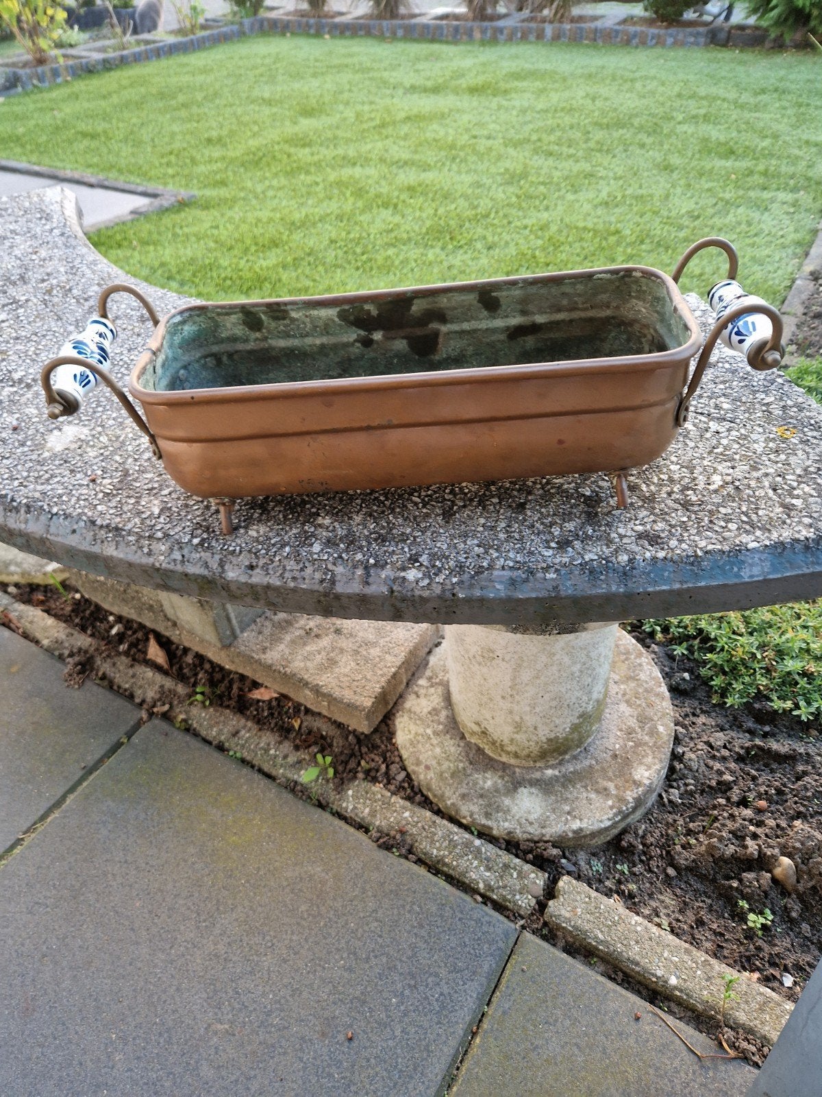 koperen plantenbak met delfs handvaten, Ophalen of Verzenden, Koper