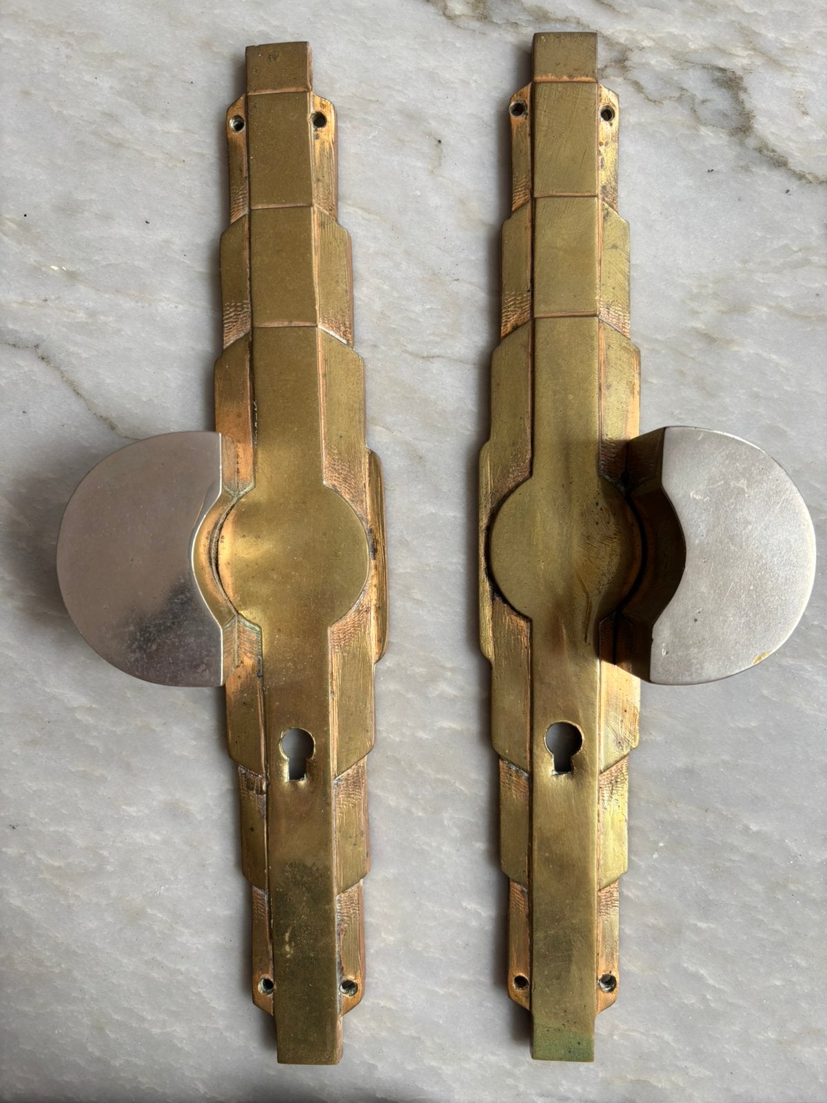 Antiek Frans messing deurbeslag paar – Art Deco, Doe-het-zelf en Verbouw, Hang- en Sluitwerk, Ophalen of Verzenden, Koper of Messing