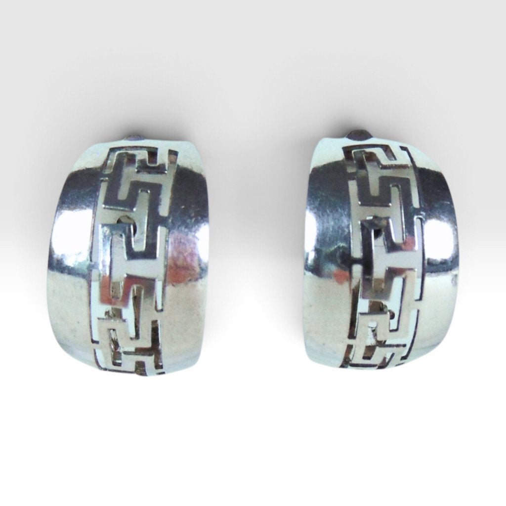 Brede 925 zilveren Griekse sleutel MEANDER oorbellen creolen, Verzenden, Zo goed als nieuw, X, Zilver