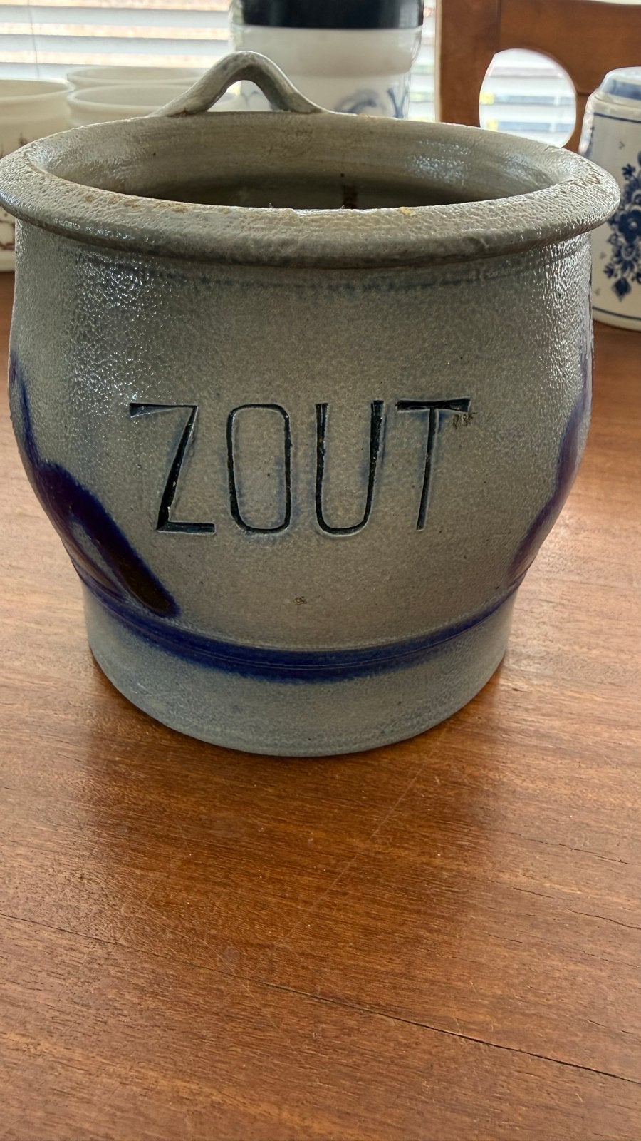 Vintage Zout Pot van Steengoed - Blauw en Grijs, Ophalen of Verzenden