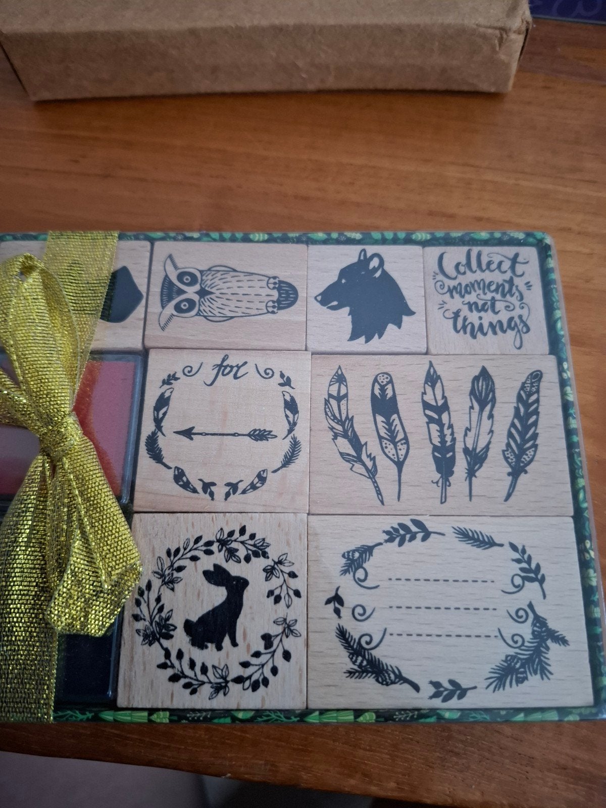 Stempelset met bosdieren en veren - Nieuw in doos, Ophalen of Verzenden, Nieuw, Houten stempel