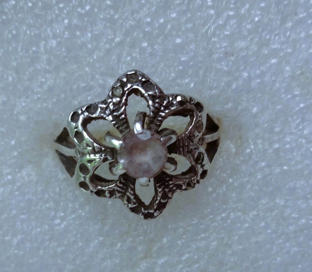 925 Zilveren vintage ring bloem met missende markasietjes, Sieraden, Tassen en Uiterlijk, Ringen, Gebruikt, Verzenden, 17 tot 18
