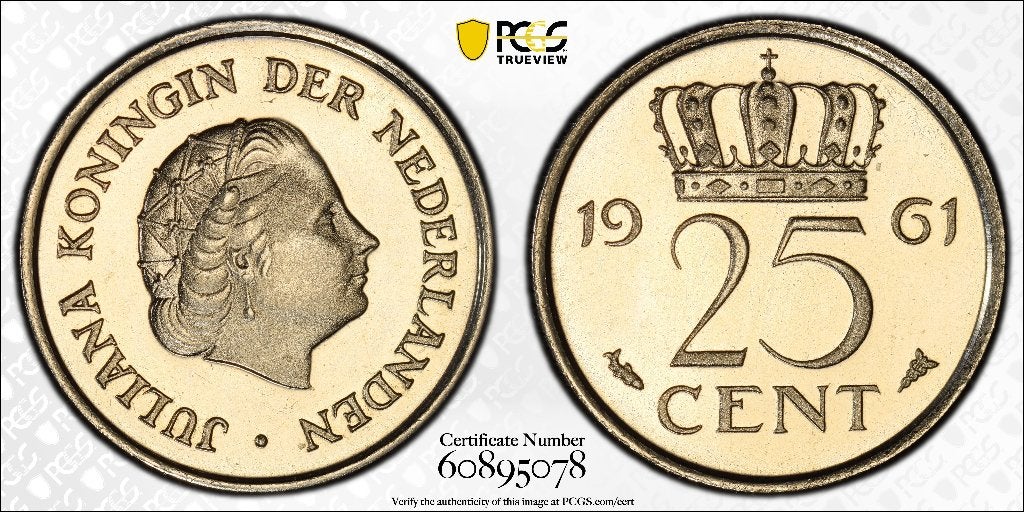 Juliana, 25 Cent 1961.  Proof. PCGS PR66CAM, Ophalen of Verzenden, Koningin Juliana, 25 cent, Losse munt