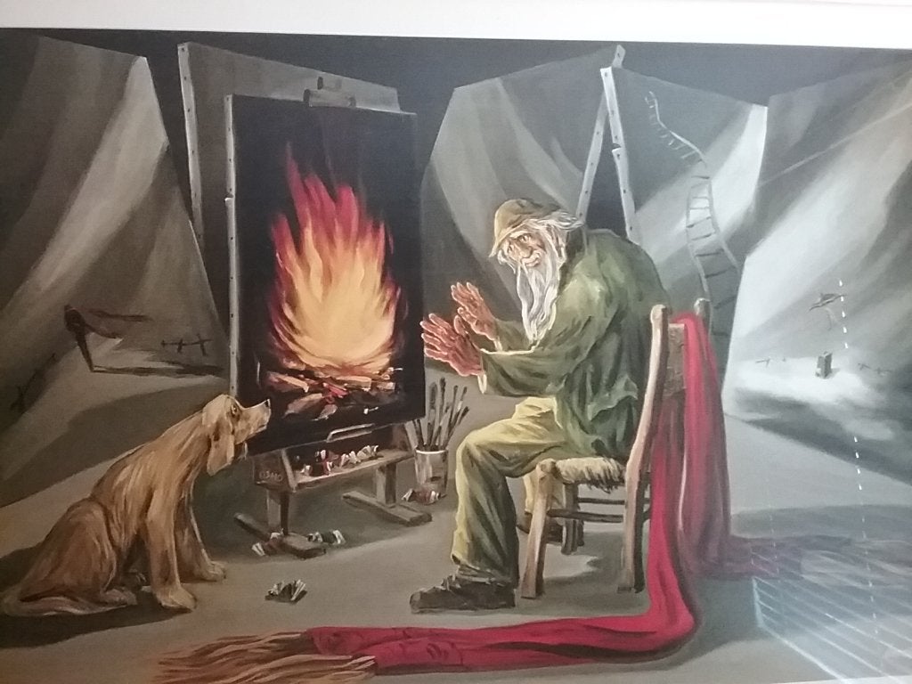 Schilderij: (Poster )Oude man met hond bij kampvuur, Met lijst, Rechthoekig Liggend, Ophalen of Verzenden, Zo goed als nieuw